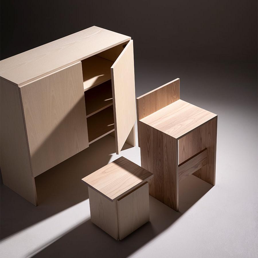 minimalist end table, chair and storage cabinet
